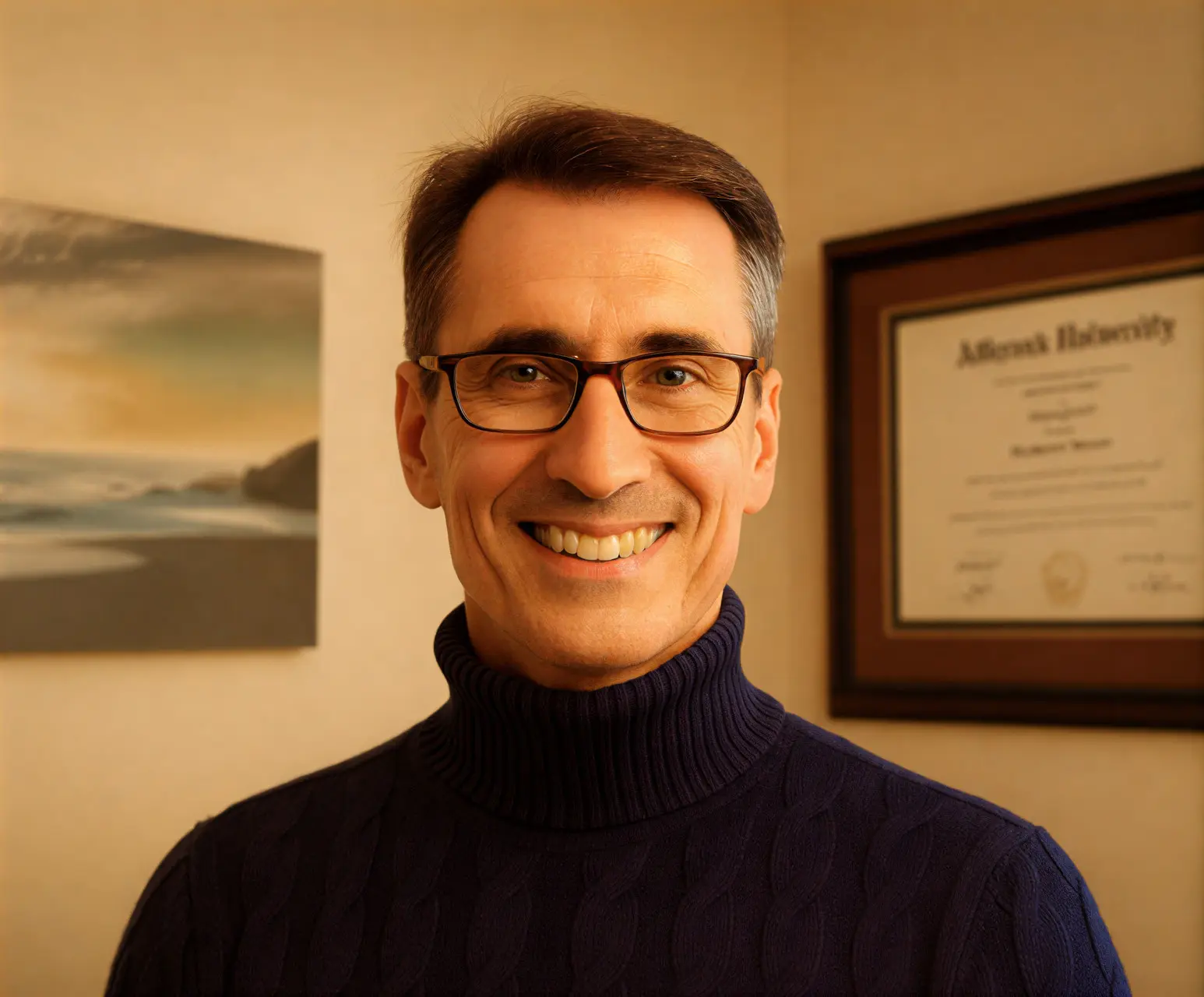 Smiling man wearing glasses and a dark turtleneck sweater.