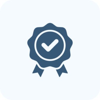 Blue badge with a white checkmark symbolizing approval or certification.