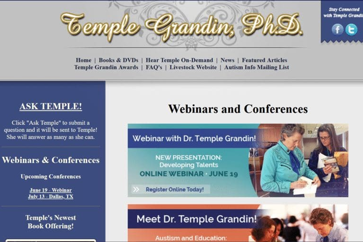 Screenshot of Temple Grandin's webinar webpage with event details and images.